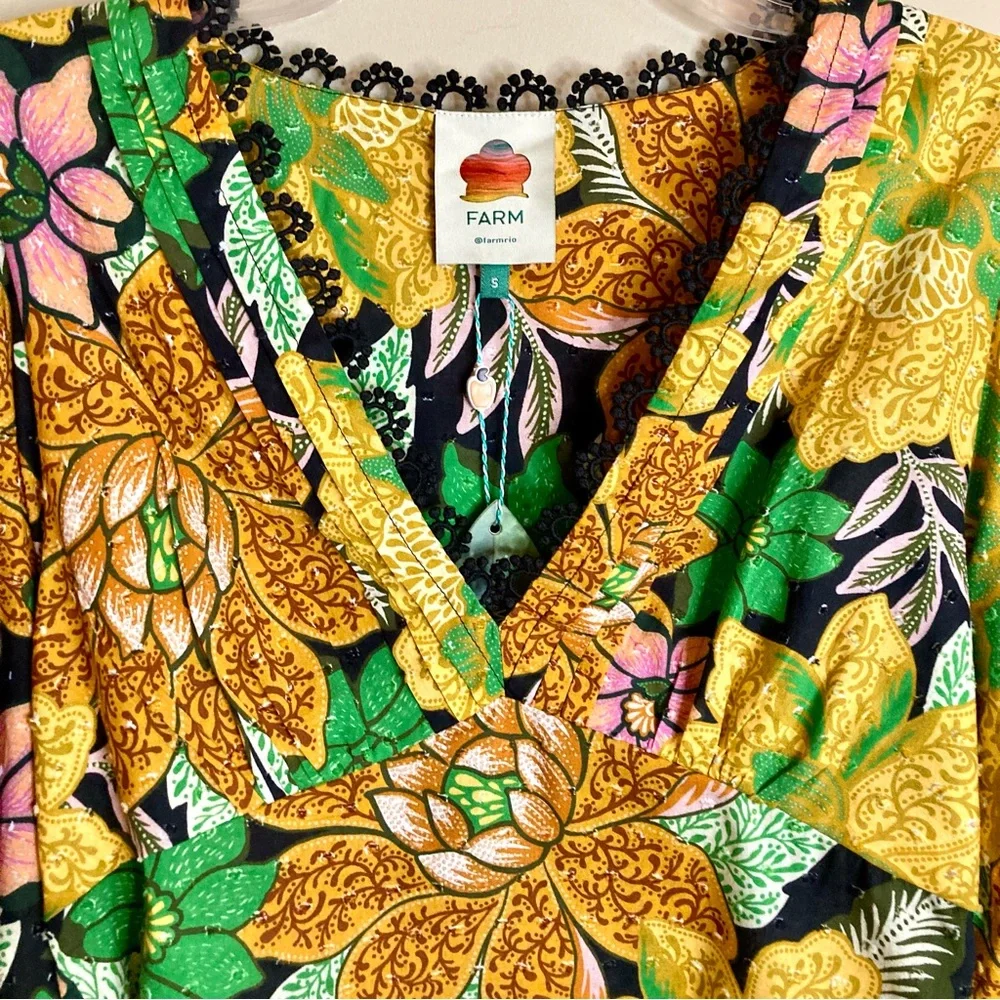NEW Farm Rio Black Garden Puff Sleeve Blouse Tropical Floral Lace Inset Size S
